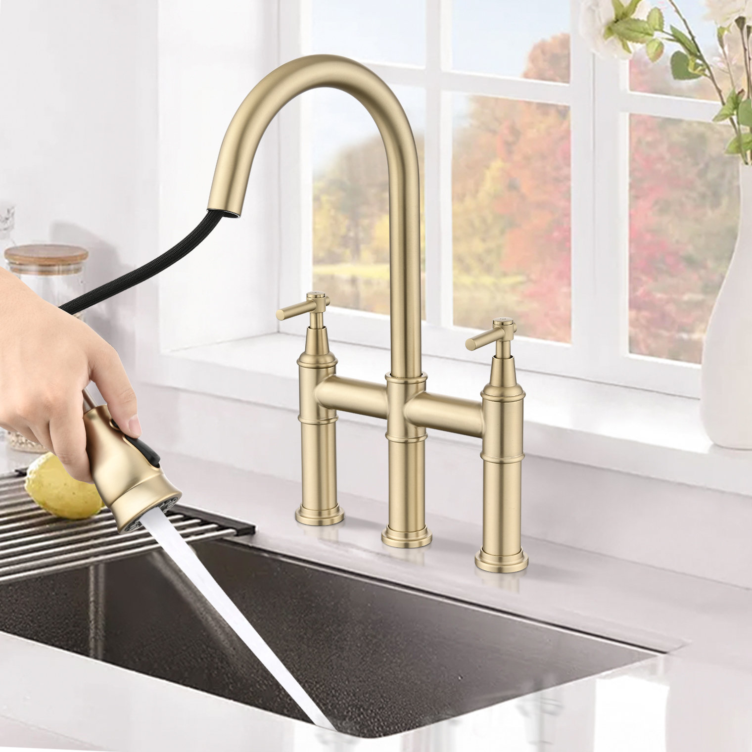 Aquacubic cUPC Noir Mat Pull Down Pulvérisateur Bridge Robinet de Cuisine avec Filtre à Eau Robinet
