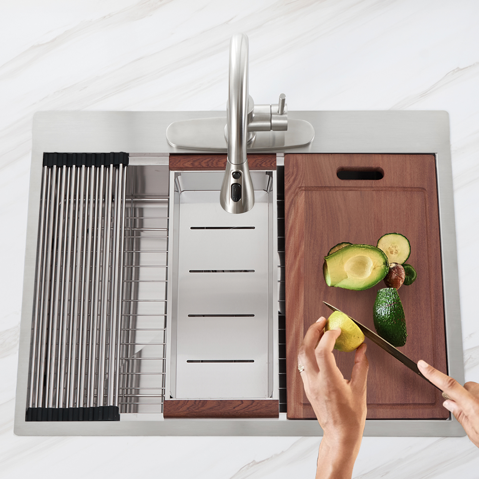 Évier de cuisine fait main en acier inoxydable 304 à cuve unique de 25 pouces avec support à vaisselle rebord