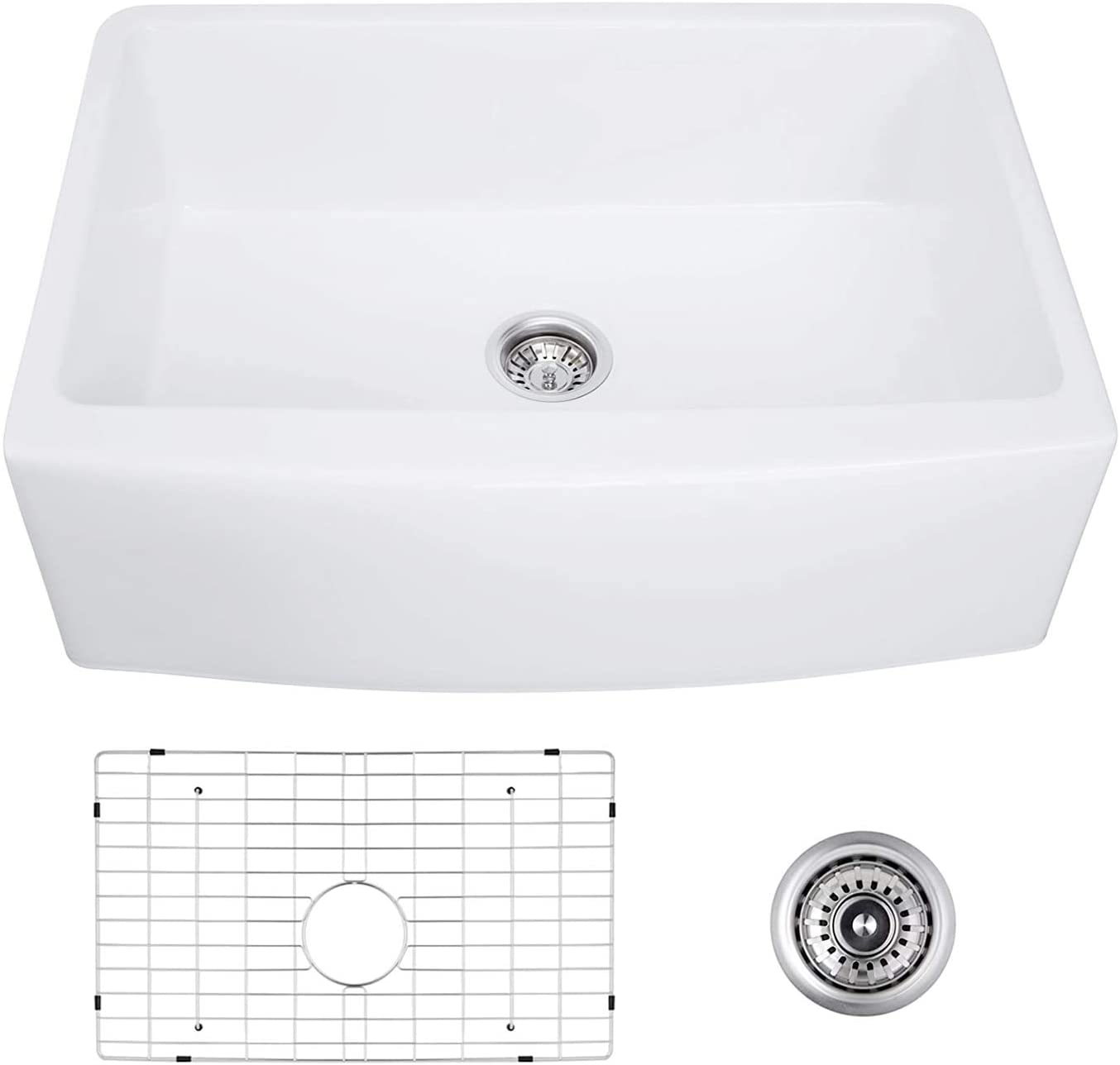 Évier de cuisine réversible en argile réfractaire blanche de 30 pouces avec grille de fond protectrice et crépine